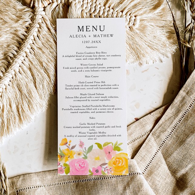 Menu Boho cor-de-rosa-amarela-floral Casamento (Boho pink yellow floral watercolor Wedding Menu)
