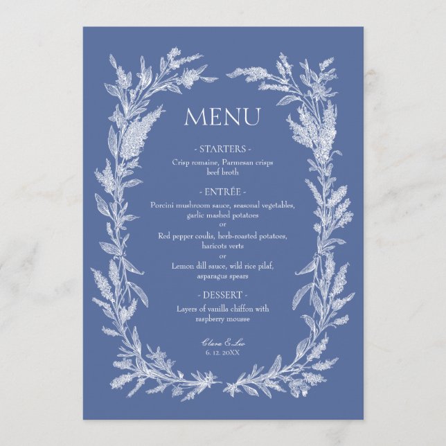 Menu Boho Coroa Botânica de Noiva em Azul Desbotado (Frente)