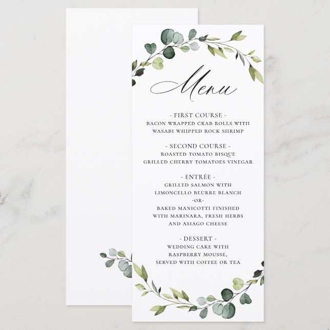 Menu Boho de Casamento por Aquarela de Eucalipto Modern (Frente/Verso)