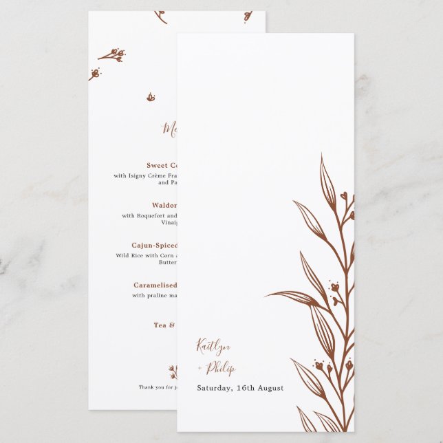 Menu Boho Earthy Botânica Elegant Ivory Wedding (Frente/Verso)