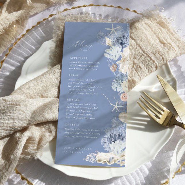 Menu Boho Elegante Ocean Beach Coral Blue Weding (Criador carregado)