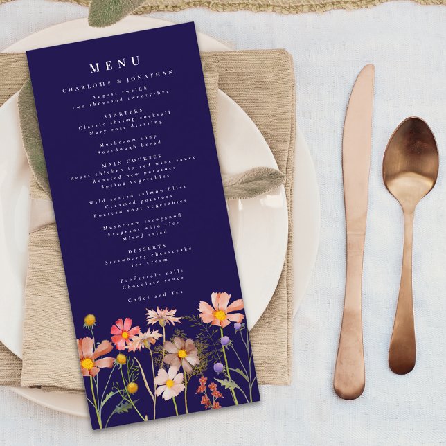 Menu Boho Fall Wildflower Marinho Azul Casamento (Boho fall wildflower meadow elegant navy blue wedding menu card autumn Watercolor flowers )
