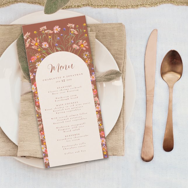 Menu Boho Floral Arch Quebra Laranja Queimada (Boho fall rustic Wildflower floral arch burnt orange & beige Wedding menu elegant script watercolor)