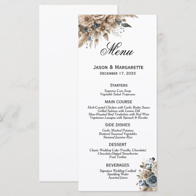 Menu Boho Grama das Pampas Florais Azul Empoeirado Mode (Frente/Verso)