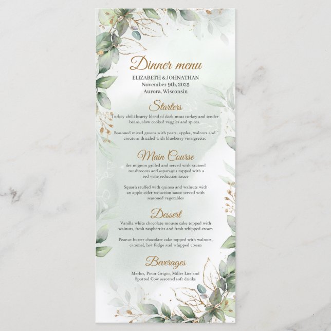 Menu Boho greenery eucalyptus foliage gold frame (Frente)