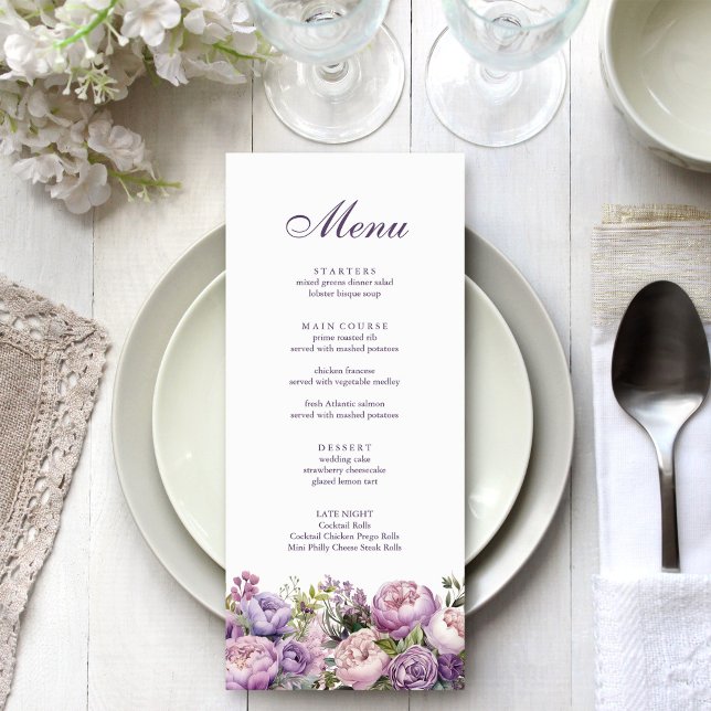 Menu Boho Lilac Floral Wedding (Boho Lilac Floral Wedding Menu on white and silver wedding table.)
