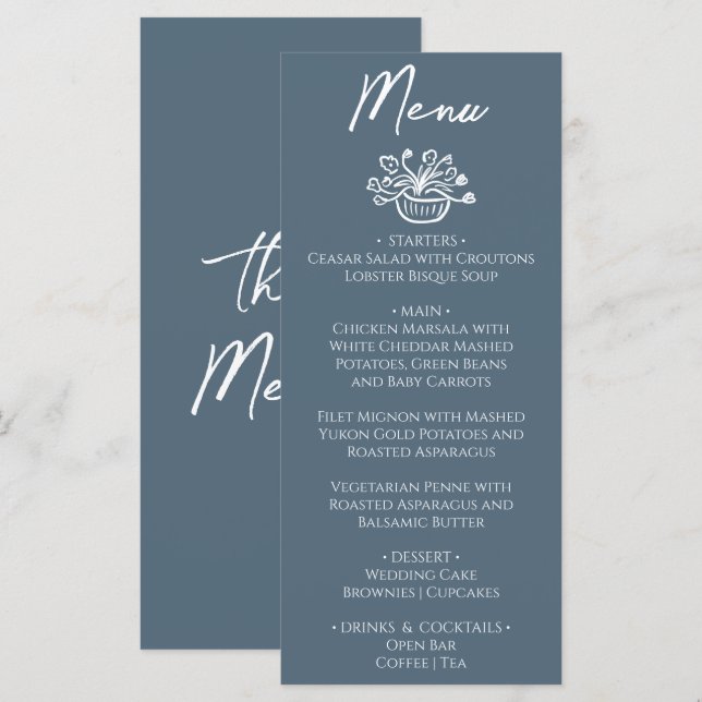 Menu Boho Marina Blue Hand Drawn Floral Wedding (Frente/Verso)