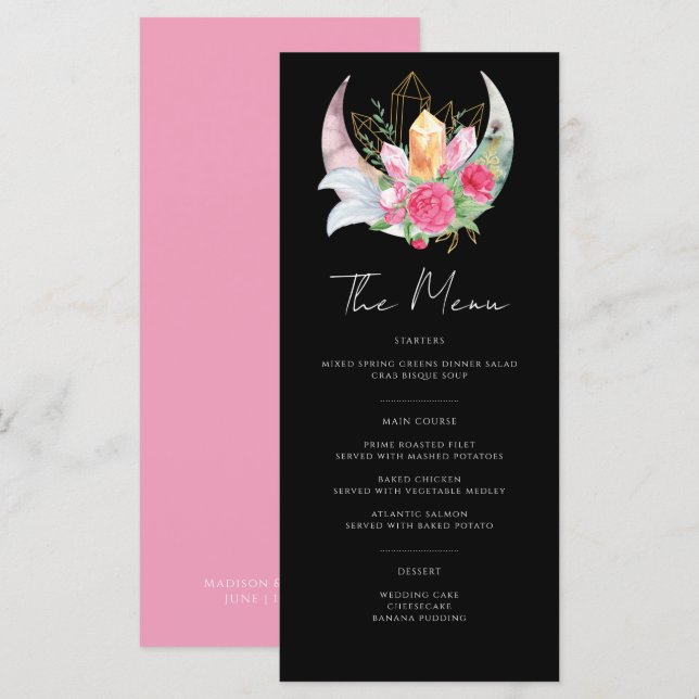 Menu Boho Moon Crystals Penas Flores Rosa Casamento (Frente/Verso)