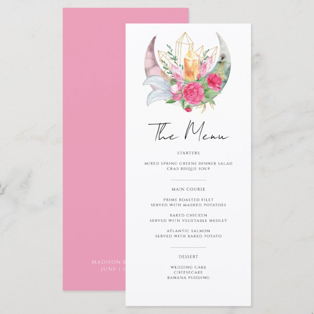 Menu Boho Moon Crystals Penas Flores Rosa Casamento (Frente/Verso)