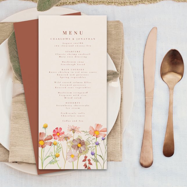 Menu Boho Outono Flor Silvestre Floral Bege Casamento (Boho fall wildflower floral beige and burnt orange wedding menu card Watercolor autumn flowers )