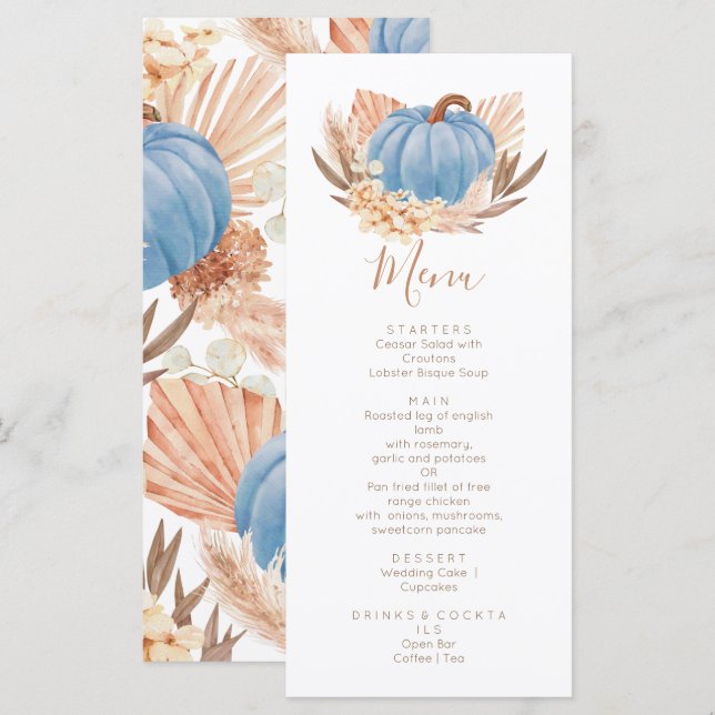 Menu Boho Pampas blue Pumpkin  (Frente/Verso)