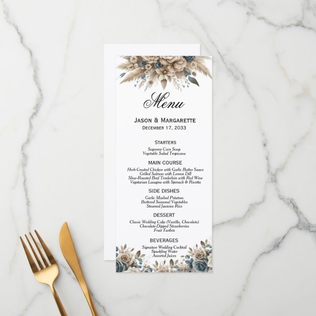 Menu Boho Pampas Grass Dusty Blue Florals Modern  (Frente/Verso In Situ)