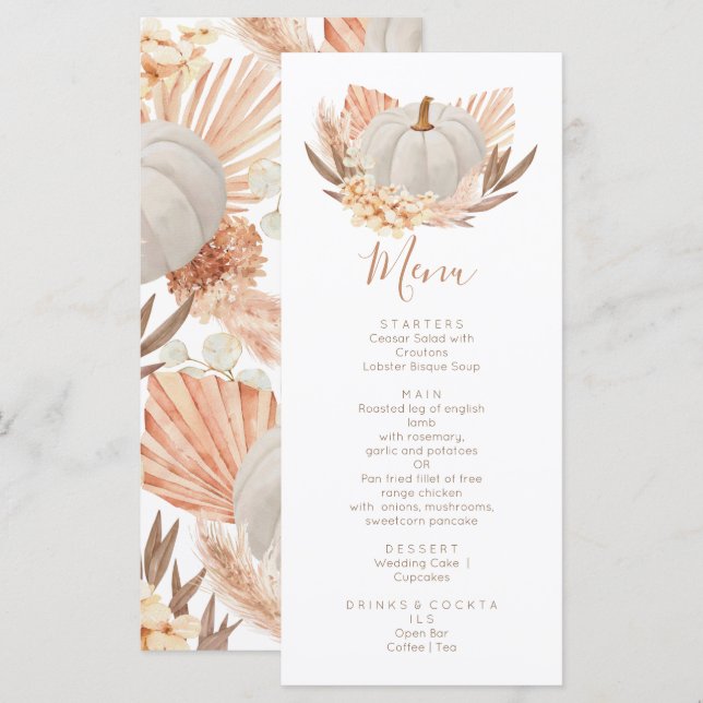 Menu Boho Pampas white Pumpkin fall (Frente/Verso)