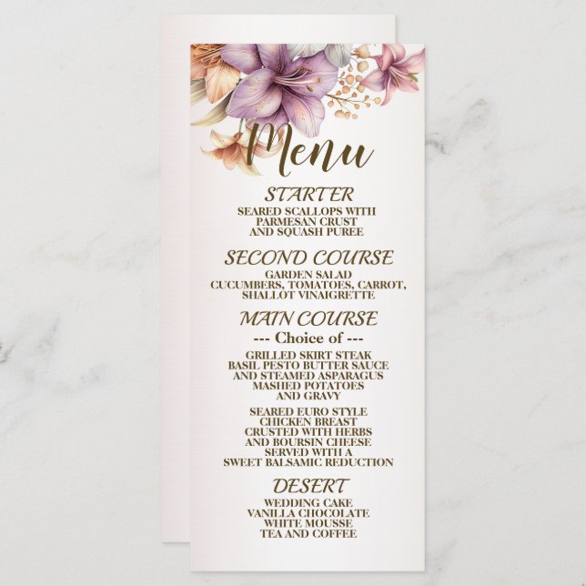 Menu Boho Pink Flowers de Watercolor Boho Elegante (Frente/Verso)