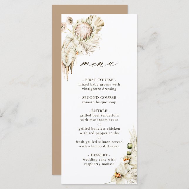 Menu Boho Protea Pampas Grass Casamento Floral (Frente/Verso)