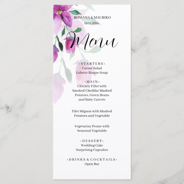 Menu Boho Rosa Floral Aquarela Pintado à Mão (Frente)