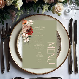 Menu Boho Rust & Neutral Sage Green Fall Casamento Flor