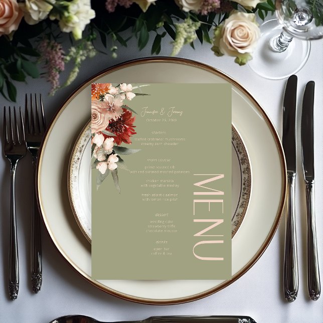 Menu Boho Rust & Neutral Sage Green Fall Casamento Flor (Criador carregado)