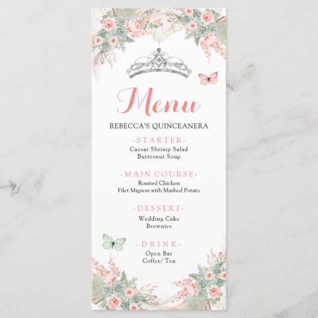 Menu Boho Sage Green Blush Rosa Quinceañera (Frente)
