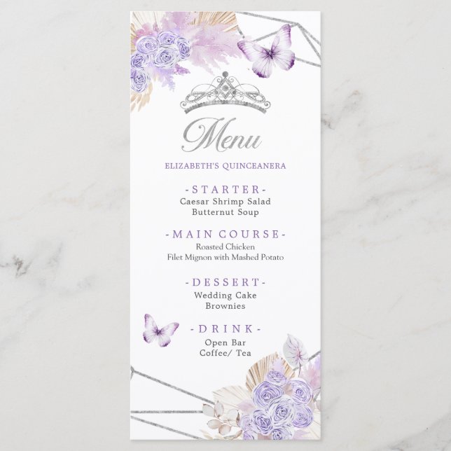 Menu Boho Silver Purple Borboleta Floral Quinceañera (Frente)