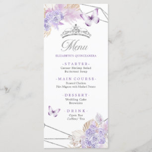 Menu Boho Silver Purple Borboleta Floral Quinceañera