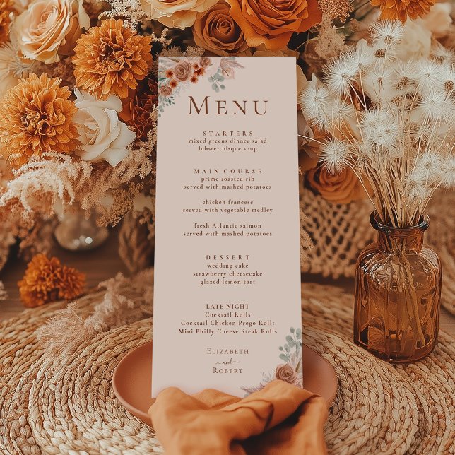 Menu Boho Terracota Floral Grama Pampas Cardápio de Cas (Boho Terracotta Floral Pampas Grass Wedding Menu on a boho table with terracotta dry flowers)