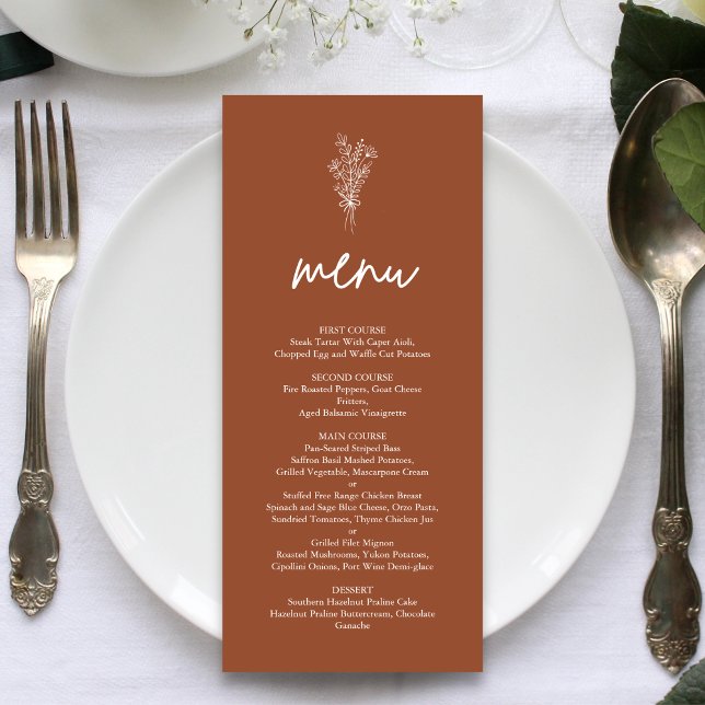 Menu Boho Terracota Laranja Queimado Casamento Rústico (Boho terracotta wedding menu displays your dishes while adding warm rustic charm.)