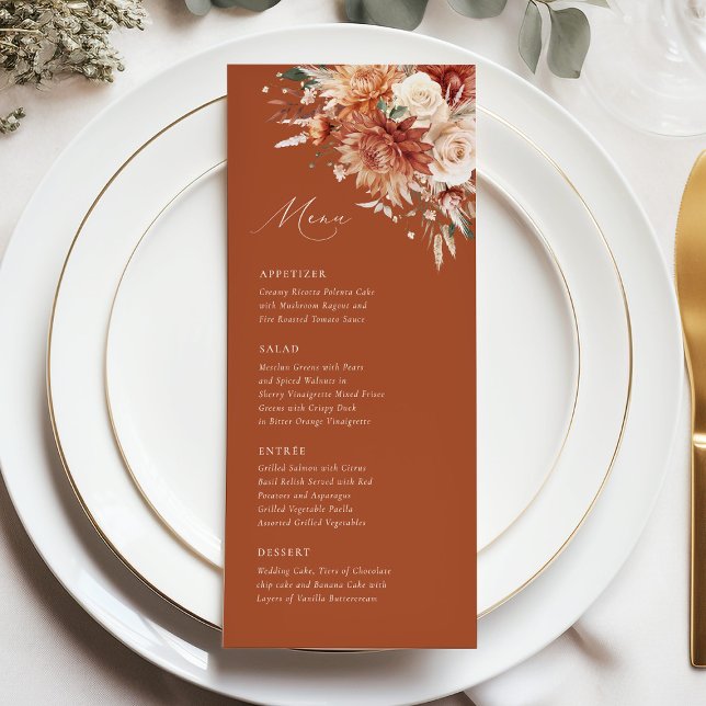 Menu Boho Terracotta Dahlia Rosa Elegante Casamento (Criador carregado)