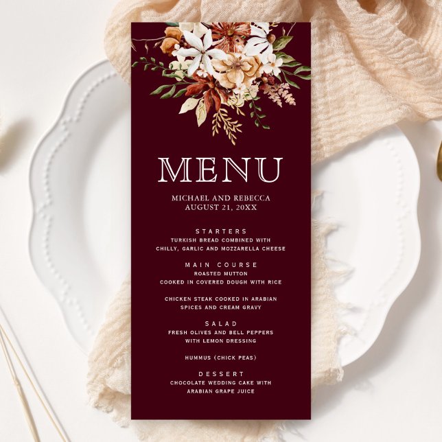 Menu Boho Terracotta Floral Wildflower Burgundy Casamen (Criador carregado)