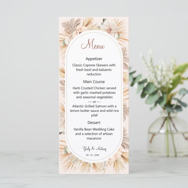 Menu Boho Terroso Areia Floral Oval Arco Arte Refinada  (Em pé/Frente)