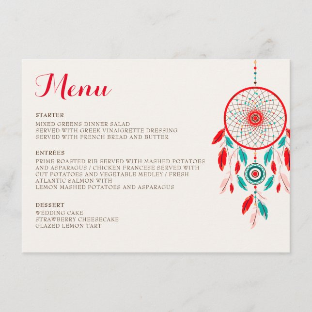 Menu Boho Tribal Feather Dreamcatcher Weding (Frente)