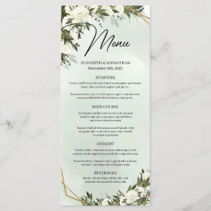 Menu Boho verde-escuro folhagem branca rosas douradas