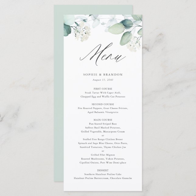 Menu Boho Watercolor Eucalyptus Deixa Casamento Verde (Frente/Verso)