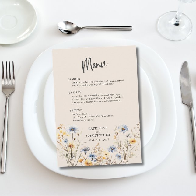 Menu BOHO Watercolor Wildflower Beige Wedding (BOHO Wildflowers Elegant Wedding Menu with Menu Options, Blue and Yellow Watercolor Wildflowers.)
