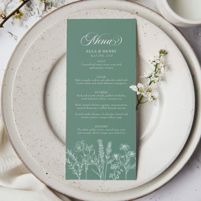 Menu Boho Wildflower Primavera Green Casamento Elegante (Criador carregado)