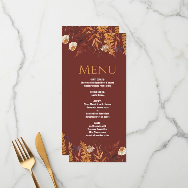 Menu Boho Wildflower Terracotta Autumn (Frente/Verso In Situ)