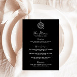 Menu Bola de Disco Mínima | Casamento Negro Escuro<br><div class="desc">Estes elegantes cartões de janto preto de casamento ou ensaio apresentam um estilo moderno e minimalista,  com escrita manual branca e texto clássico. Uma bola retrorada desenhada à mão é apresentada em uma trendy and whimsical ilustration.</div>