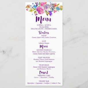 Menu Boletim de Casamento do Monograma das Flores Púrpu