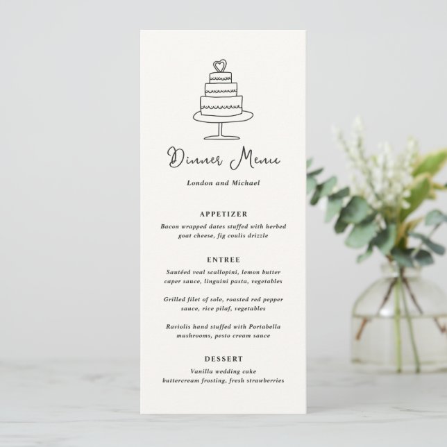 Menu Bolo Desenhado à Mão Doodle Casamento Moderno (Em pé/Frente)