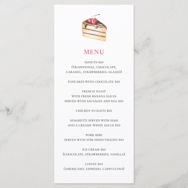 Menu Bolo ou torta em aquarela. Simples sobremesa de pa (Frente)