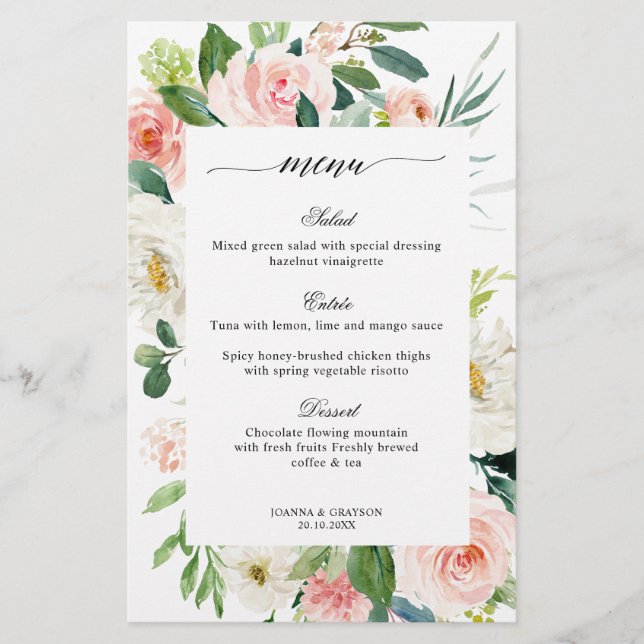 Menu Bonito de Casamento Botânico Floral do Pastel (Frente)