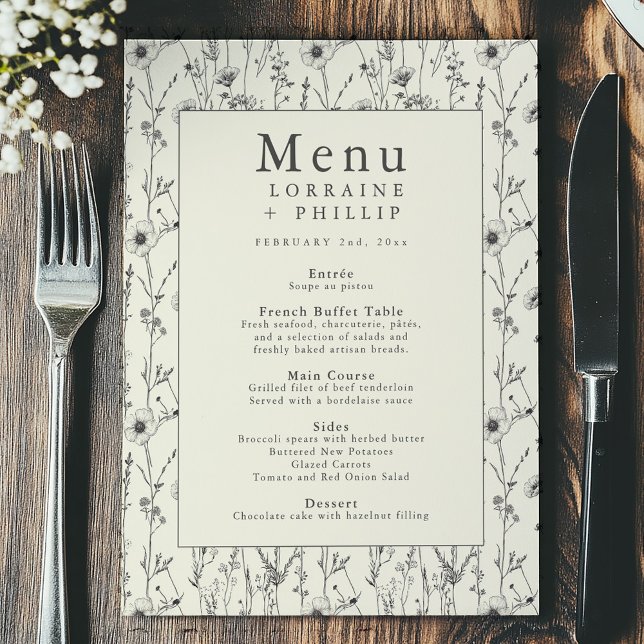 Menu Bonito delicada cardápio de casamentos de flores s (Delicate wildflower wedding menu card features an elegant vintage botanical border)
