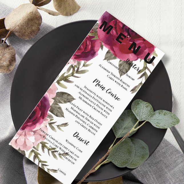 Menu Bonito Festa de casamento Floral Rosa Blush Blush (Pretty Burgundy Blush Pink Floral Wedding Party Menu)