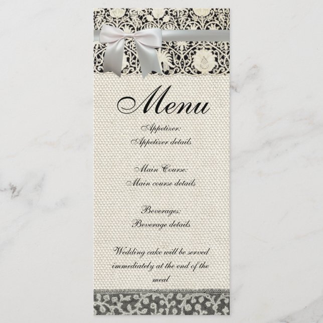 Menu Bonito Linen White Lace Antique de Casamento  (Frente)