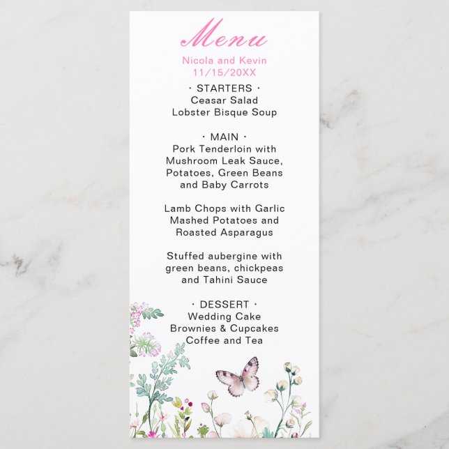 Menu Borboleta Floral Verde Primavera Casamento (Frente)