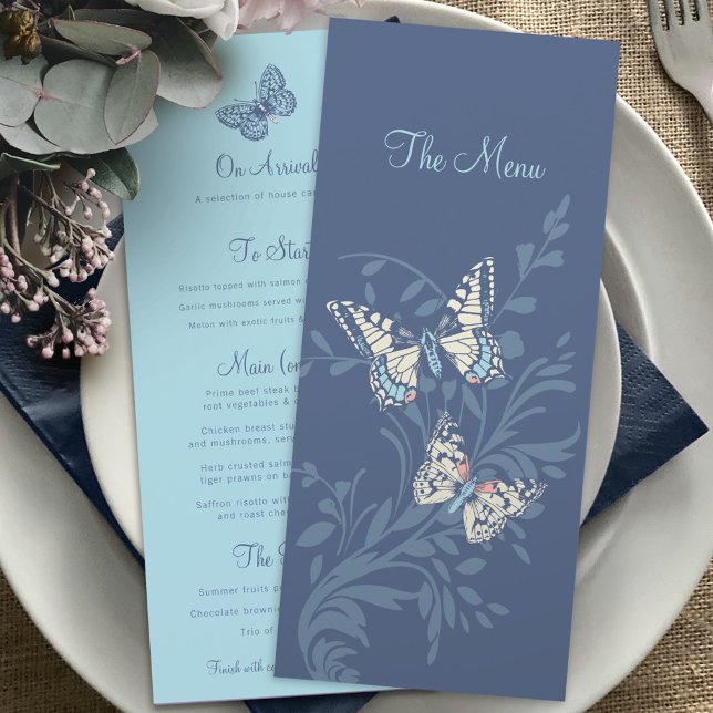 Menu Borboletas com grafismo azul turbilhão de casament (Criador carregado)