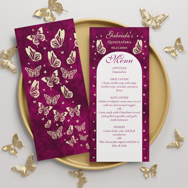 Menu Borboletas Douradas cor-de-rosa Quinceañera Girl B (Pink Gold Butterflies Quinceañera Girl Birthday Menu)