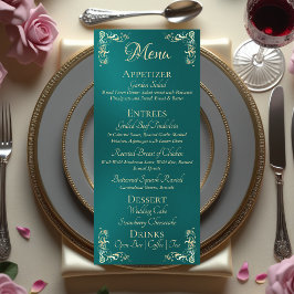 Menu Borda Ornamentada & Monograma de Coração - Azul Tu