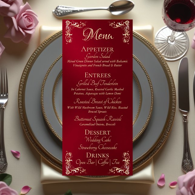Menu Borda Ornamentada & Monograma de Coração - Vermelh (Criador carregado)