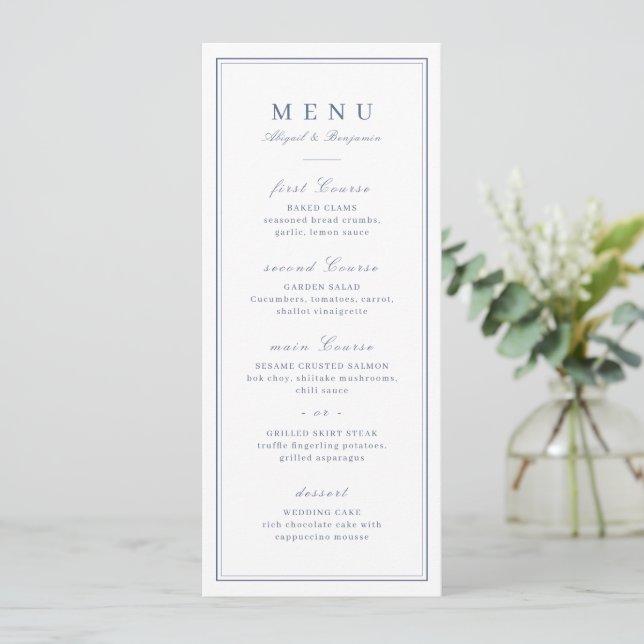 Menu Bordas elegantes azul empoeirado casamento minimal (Em pé/Frente)